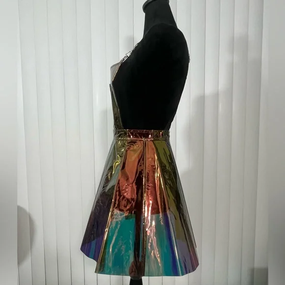CLUB EXX Techno Gurl Hologram Vinyl Pinafore Overall Dress Metallic Blue Copper - Picture 3 of 12